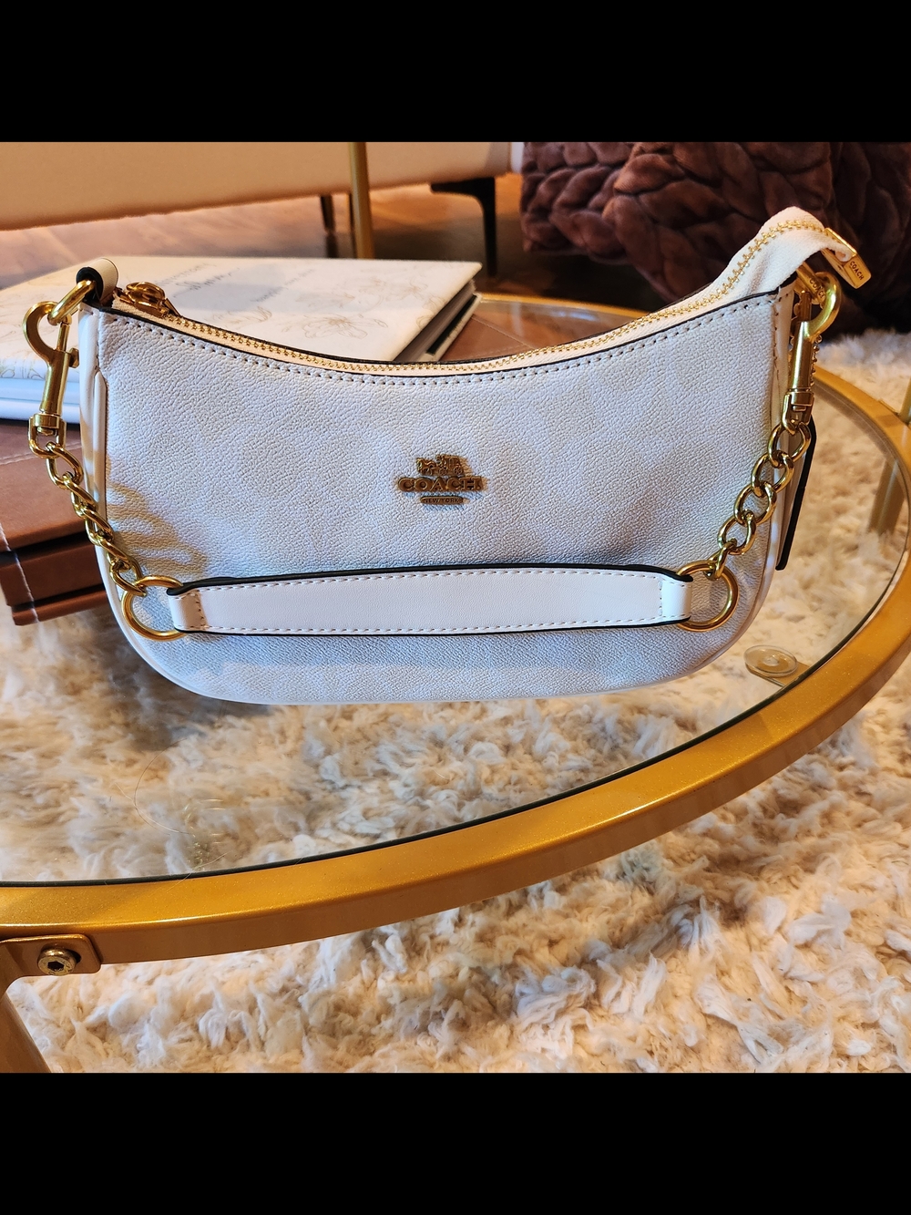 Coach White Leather & Canvas Shoulder Bag with Gold Chain